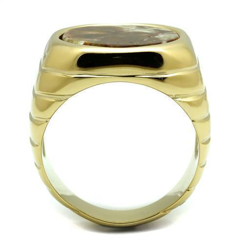 Mens Gold Rings Stainless Steel Semi-Precious Oligoclase in Smoked Quartz Anillo Oro de Compromiso Para Hombre Acero Inoxidable - Jewelry Store by Erik Rayo