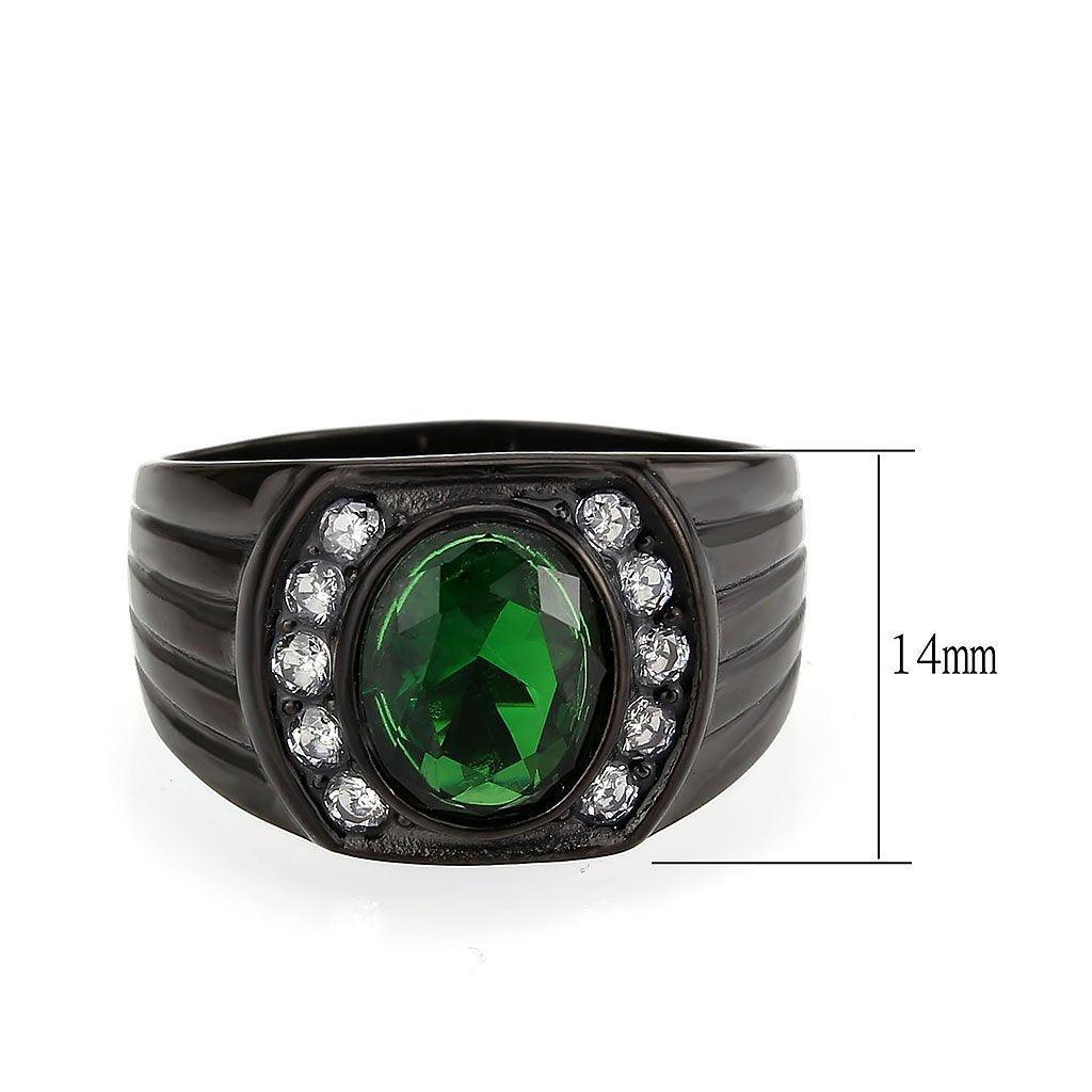 Mens Ring Black Green Stainless Steel Ring with Synthetic Emerald - Jewelry Store by Erik Rayo