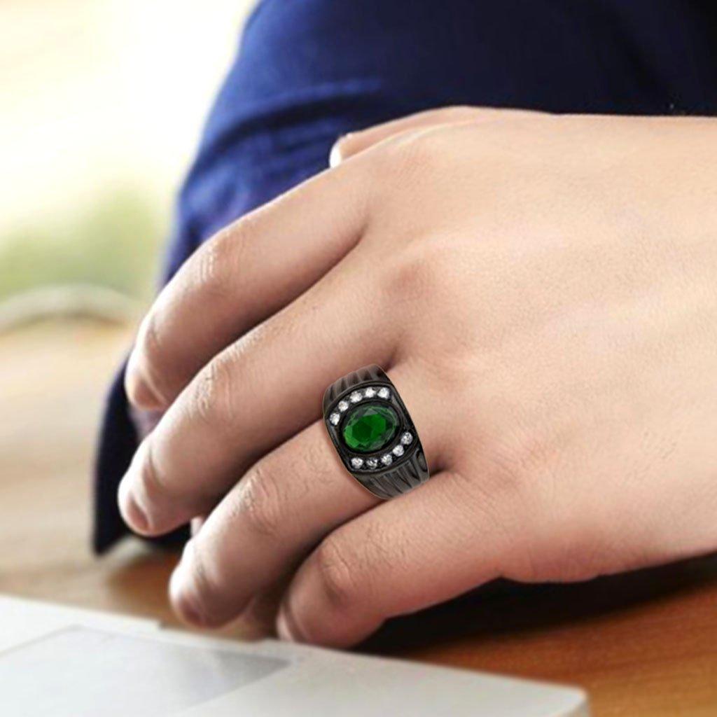 Mens Ring Black Green Stainless Steel Ring with Synthetic Emerald - Jewelry Store by Erik Rayo