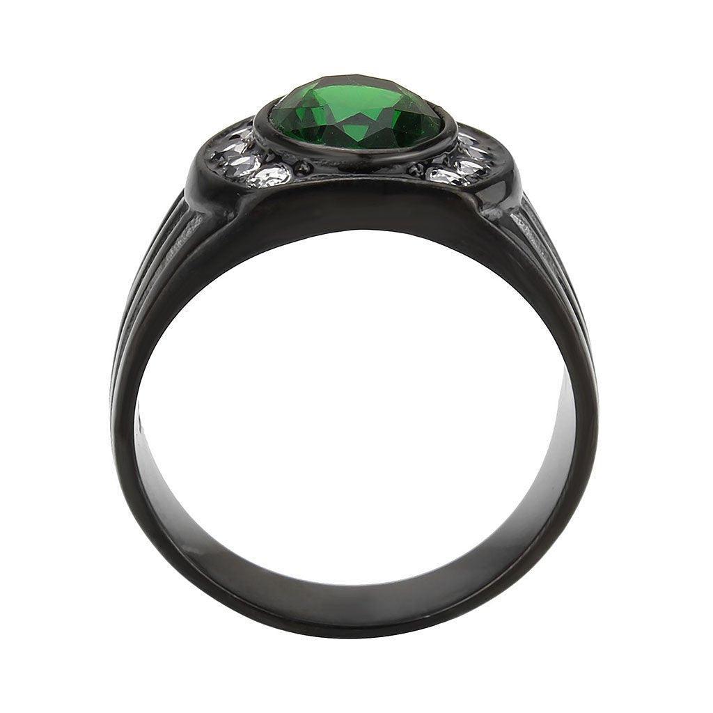 Mens Ring Black Green Stainless Steel Ring with Synthetic Emerald - Jewelry Store by Erik Rayo