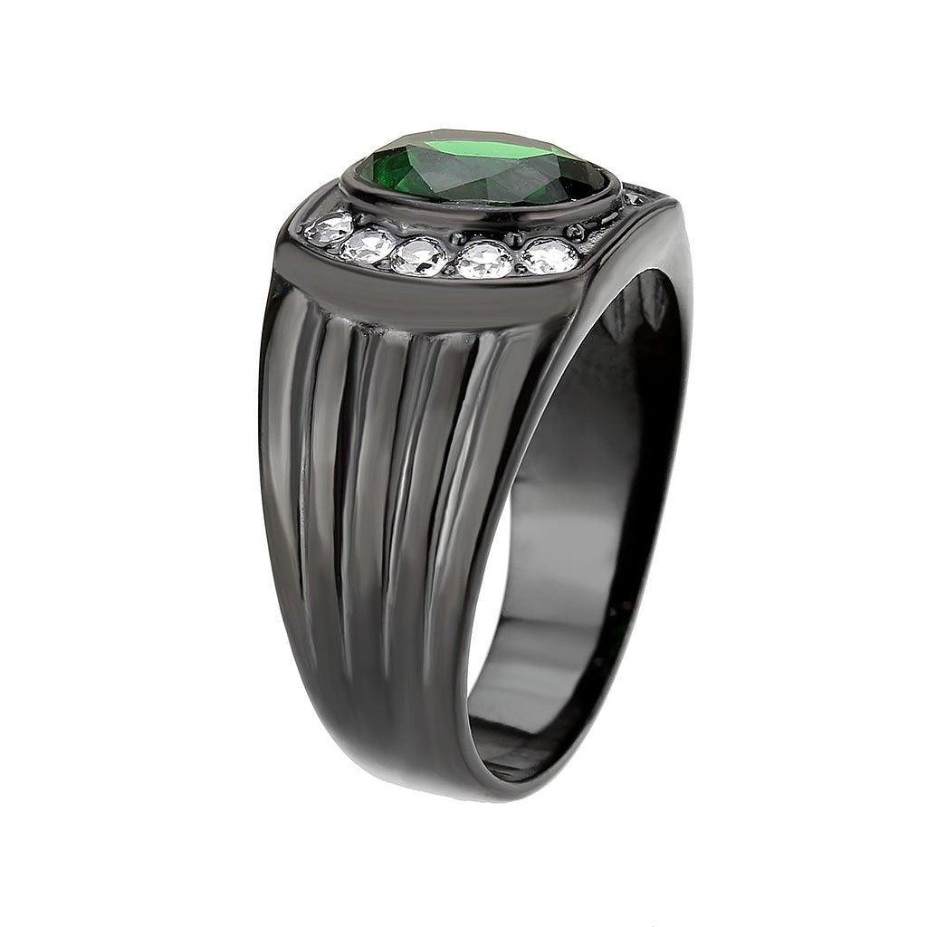 Mens Ring Black Green Stainless Steel Ring with Synthetic Emerald - Jewelry Store by Erik Rayo