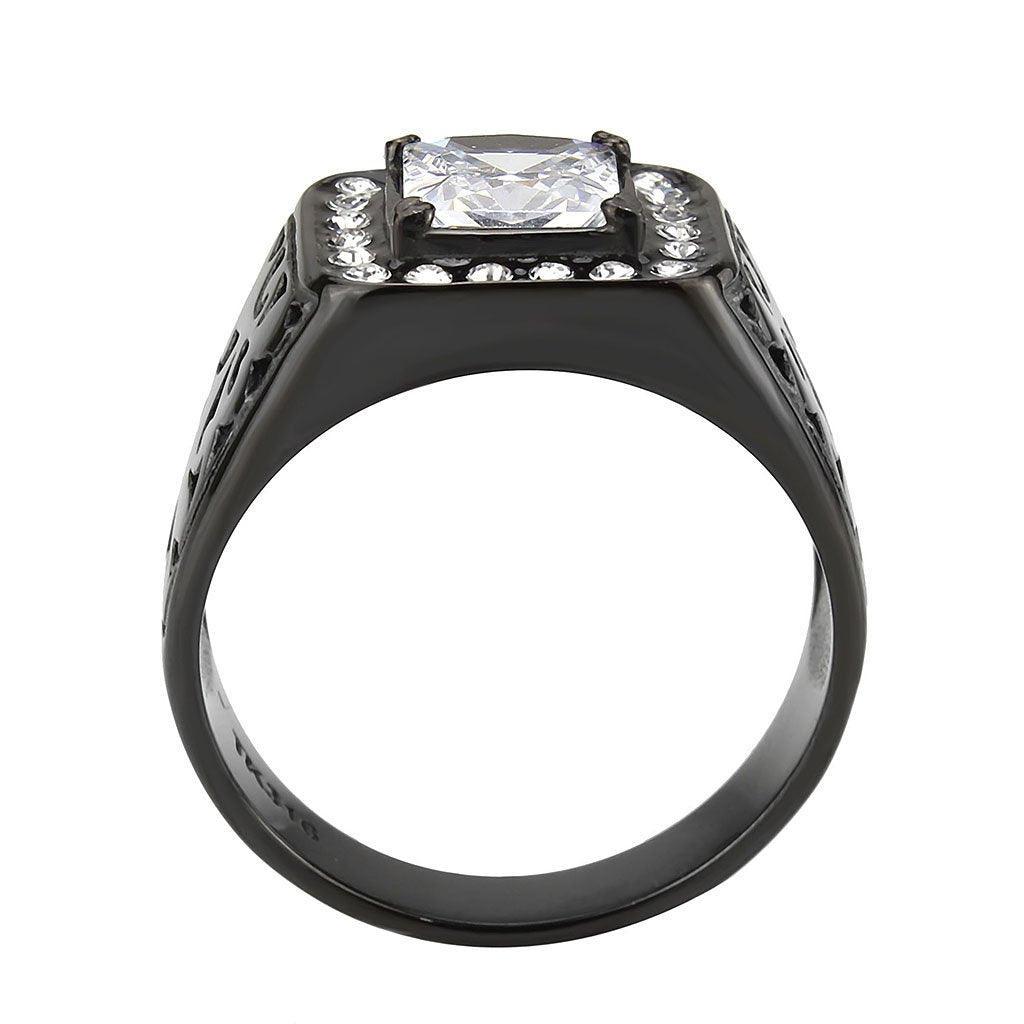 Mens Ring Black Squared Stainless Steel Ring with AAA Grade CZ in Clear - Jewelry Store by Erik Rayo