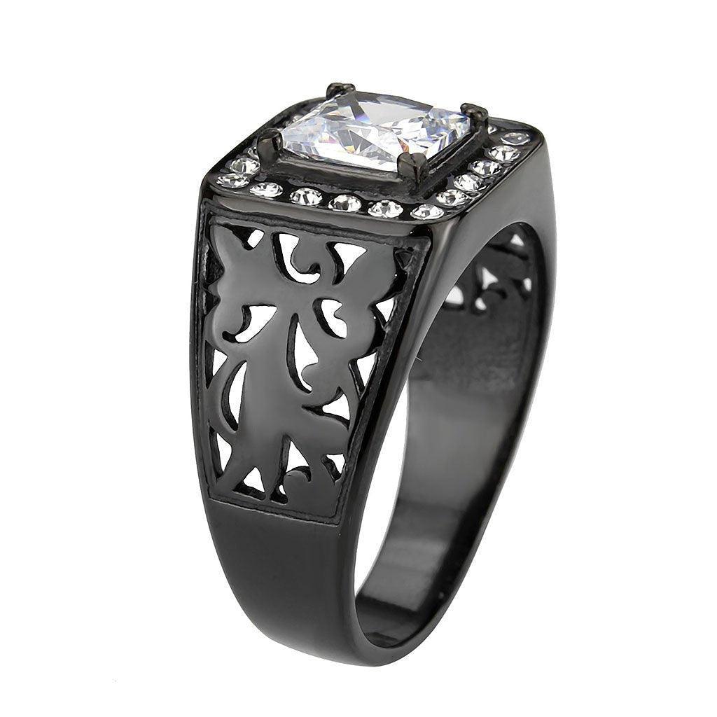Mens Ring Black Squared Stainless Steel Ring with AAA Grade CZ in Clear - Jewelry Store by Erik Rayo