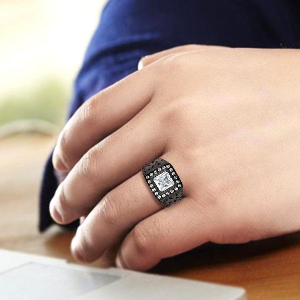 Mens Ring Black Squared Stainless Steel Ring with AAA Grade CZ in Clear - Jewelry Store by Erik Rayo