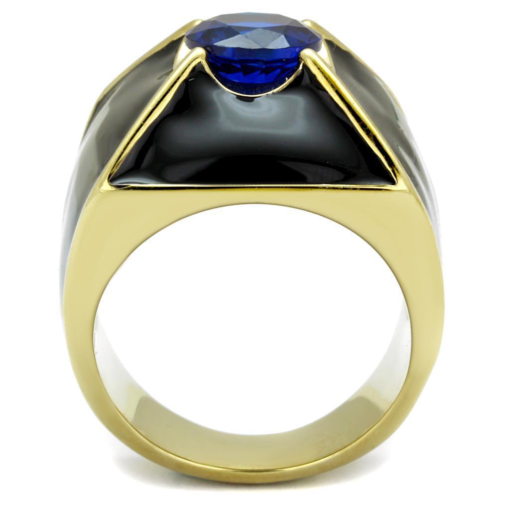 Mens Ring Blue Gold Black Round Cut Pyramid Stainless Steel Ring with AAA Grade CZ in London Blue - Jewelry Store by Erik Rayo