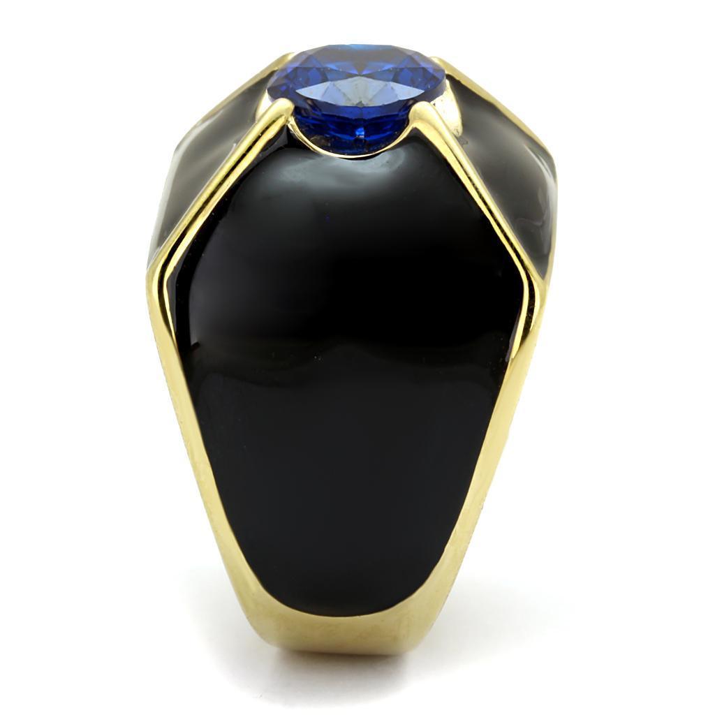 Mens Ring Blue Gold Black Round Cut Pyramid Stainless Steel Ring with AAA Grade CZ in London Blue - Jewelry Store by Erik Rayo