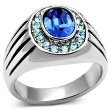 Load image into Gallery viewer, Mens Ring Blue Round Stainless Steel Ring with Top Grade Crystal in Sapphire - Jewelry Store by Erik Rayo
