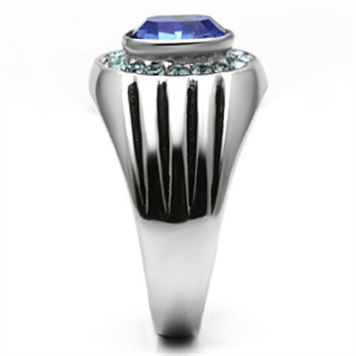 Mens Ring Blue Round Stainless Steel Ring with Top Grade Crystal in Sapphire - Jewelry Store by Erik Rayo