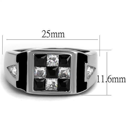 Mens Ring Checkers Silver Black Stainless Steel Ring with AAA Grade CZ in Jet - Jewelry Store by Erik Rayo