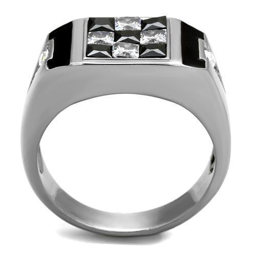Mens Ring Checkers Silver Black Stainless Steel Ring with AAA Grade CZ in Jet - Jewelry Store by Erik Rayo