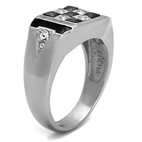 Mens Ring Checkers Silver Black Stainless Steel Ring with AAA Grade CZ in Jet - Jewelry Store by Erik Rayo