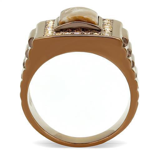 Mens Ring Coffee light Stainless Steel Ring with Semi-Precious Rain Flower Stone in Brown - Jewelry Store by Erik Rayo