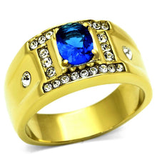 Load image into Gallery viewer, Mens Ring Gold Blue Round Stainless Steel Ring with Synthetic Sapphire in Montana - Jewelry Store by Erik Rayo
