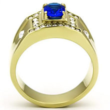 Load image into Gallery viewer, Mens Ring Gold Blue Round Stainless Steel Ring with Synthetic Sapphire in Montana - Jewelry Store by Erik Rayo
