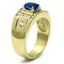 Load image into Gallery viewer, Mens Ring Gold Blue Round Stainless Steel Ring with Synthetic Sapphire in Montana - Jewelry Store by Erik Rayo
