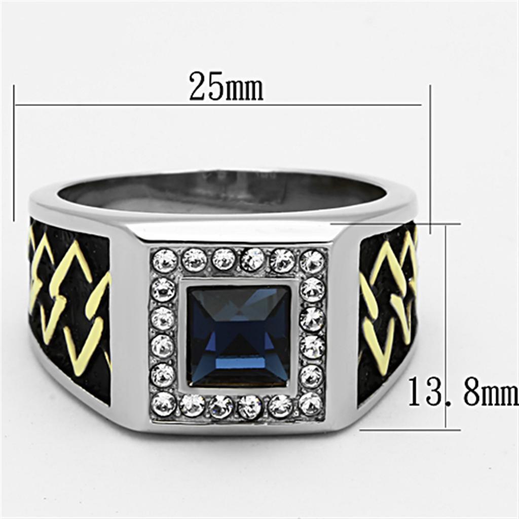 Mens Ring Gold Blue Silver Squared Stainless Steel Ring with Top Grade Crystal in Montana - Jewelry Store by Erik Rayo