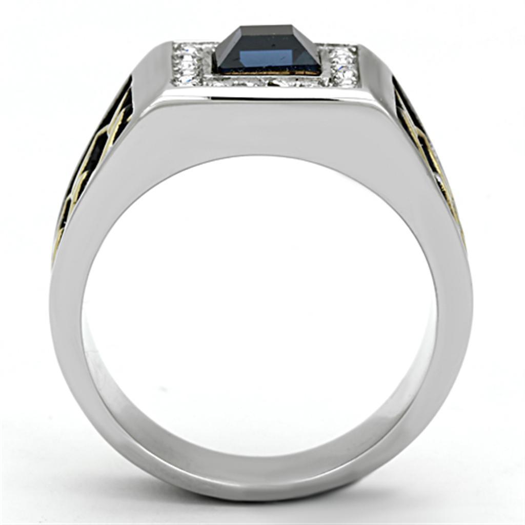 Mens Ring Gold Blue Silver Squared Stainless Steel Ring with Top Grade Crystal in Montana - Jewelry Store by Erik Rayo