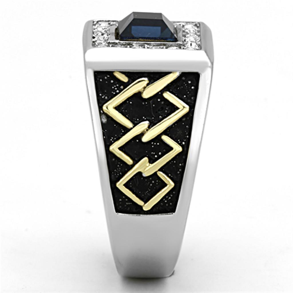 Mens Ring Gold Blue Silver Squared Stainless Steel Ring with Top Grade Crystal in Montana - Jewelry Store by Erik Rayo