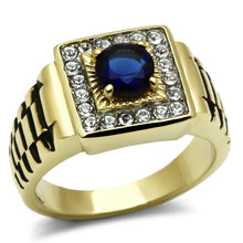 Load image into Gallery viewer, Mens Ring Gold Blue Stainless Steel Ring with Synthetic Sapphire in Montana - Jewelry Store by Erik Rayo
