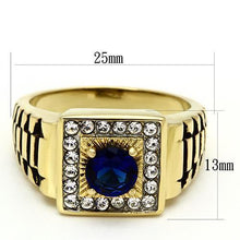 Load image into Gallery viewer, Mens Ring Gold Blue Stainless Steel Ring with Synthetic Sapphire in Montana - Jewelry Store by Erik Rayo
