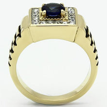 Load image into Gallery viewer, Mens Ring Gold Blue Stainless Steel Ring with Synthetic Sapphire in Montana - Jewelry Store by Erik Rayo
