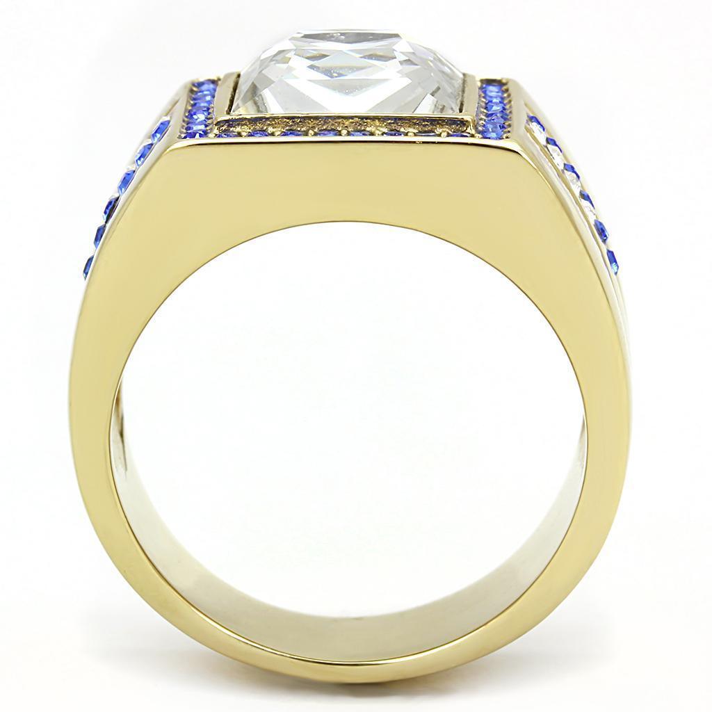 Mens Ring Gold Purple Accents Stainless Steel Ring with Top Grade Crystal in Clear - Jewelry Store by Erik Rayo