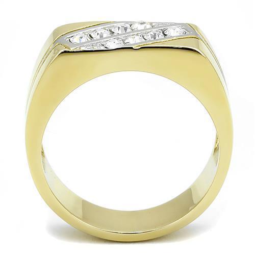 Mens Ring Gold Silver Two Tone Stainless Steel Ring with Top Grade Crystal in Clear - Jewelry Store by Erik Rayo