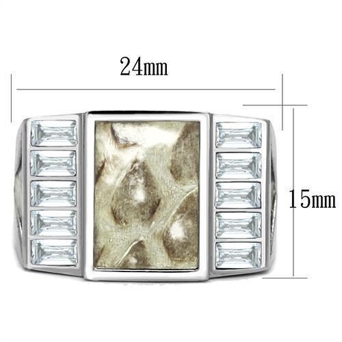 Mens Ring Rectagular Marble Grey White Stainless Steel Ring with AAA Grade CZ in Clear - Jewelry Store by Erik Rayo