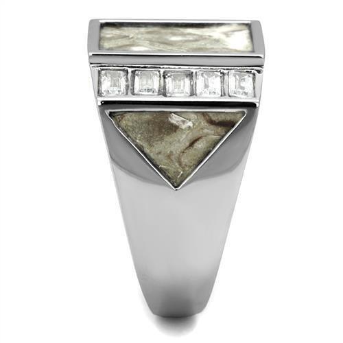 Mens Ring Rectagular Marble Grey White Stainless Steel Ring with AAA Grade CZ in Clear - Jewelry Store by Erik Rayo