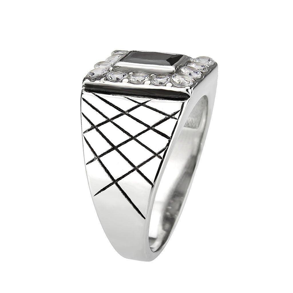 Mens Ring Rectangle Squared Stainless Steel Ring with AAA Grade CZ in Jet - Jewelry Store by Erik Rayo