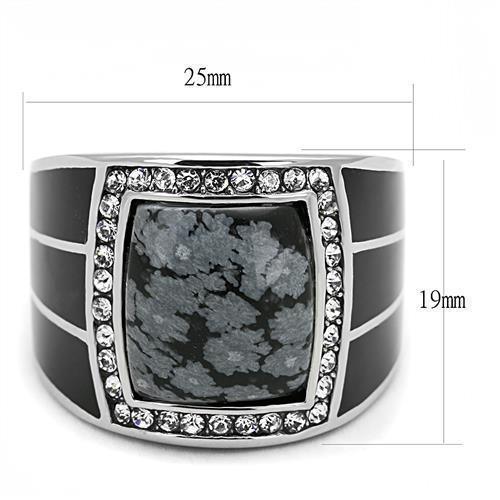 Mens Ring Rectangular Black Grey Stainless Steel Ring with Semi-Precious Snowflake Obsidian in Jet - Jewelry Store by Erik Rayo