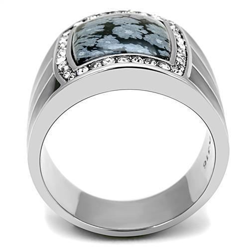 Mens Ring Rectangular Black Grey Stainless Steel Ring with Semi-Precious Snowflake Obsidian in Jet - Jewelry Store by Erik Rayo