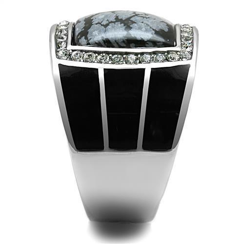 Mens Ring Rectangular Black Grey Stainless Steel Ring with Semi-Precious Snowflake Obsidian in Jet - Jewelry Store by Erik Rayo