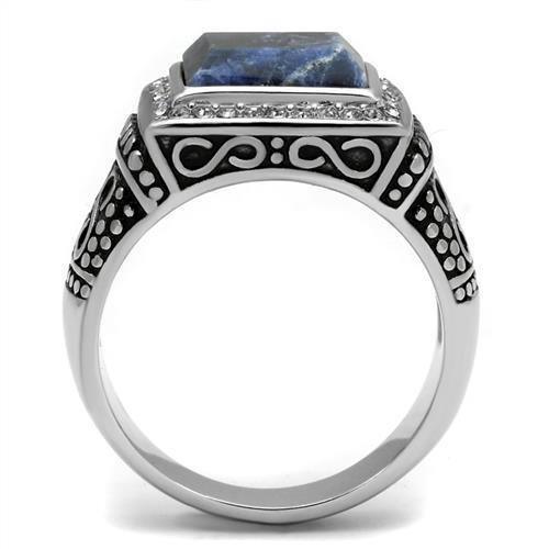 Mens Ring Rectangular Blue Stainless Steel Ring with Semi-Precious Sodalite in Capri Blue - Jewelry Store by Erik Rayo