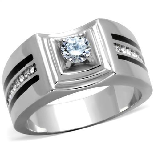 Mens Ring Round Cut Squared Center Stainless Steel Ring with AAA Grade CZ in Clear - Jewelry Store by Erik Rayo