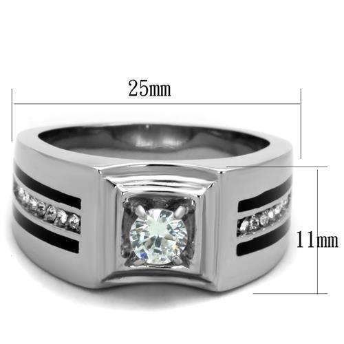 Mens Ring Round Cut Squared Center Stainless Steel Ring with AAA Grade CZ in Clear - Jewelry Store by Erik Rayo