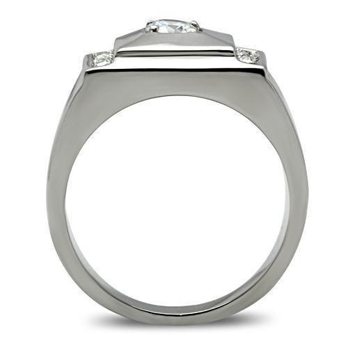 Mens Ring Round Cut Squared Stainless Steel Ring with AAA Grade CZ in Clear - Jewelry Store by Erik Rayo