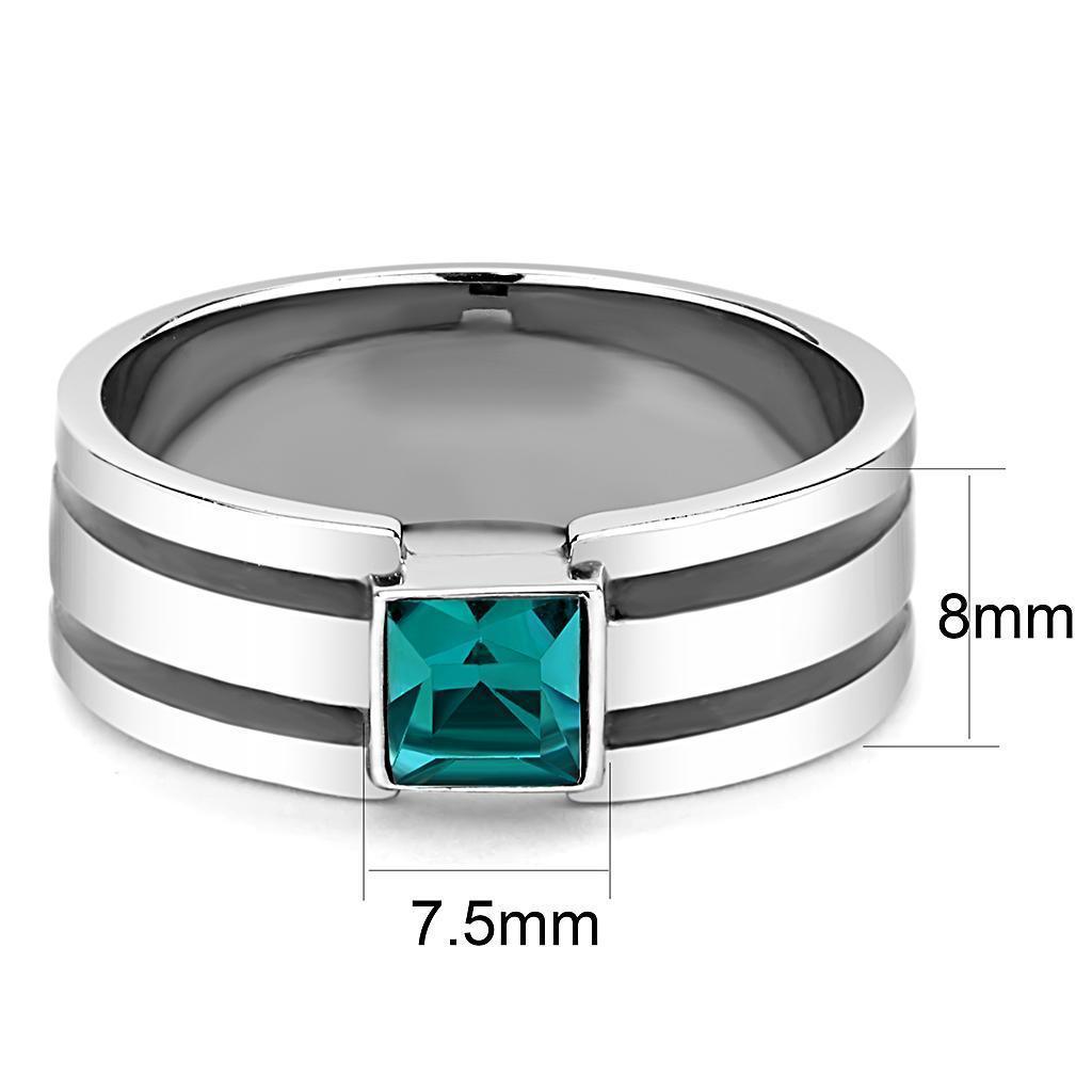 Mens Ring Silver Black Stainless Steel Ring with Top Grade Crystal in Blue Zircon - Jewelry Store by Erik Rayo