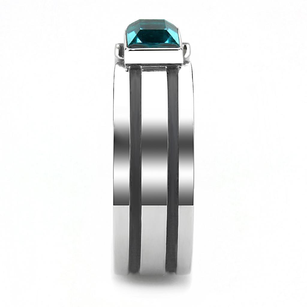 Mens Ring Silver Black Stainless Steel Ring with Top Grade Crystal in Blue Zircon - Jewelry Store by Erik Rayo