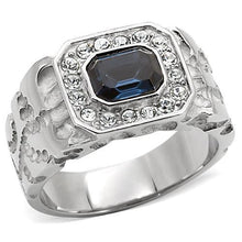 Load image into Gallery viewer, Mens Ring Silver Blue Emerald Cut Stainless Steel Ring with Top Grade Crystal in Montana - Jewelry Store by Erik Rayo
