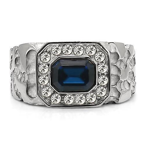 Mens Ring Silver Blue Emerald Cut Stainless Steel Ring with Top Grade Crystal in Montana - Jewelry Store by Erik Rayo