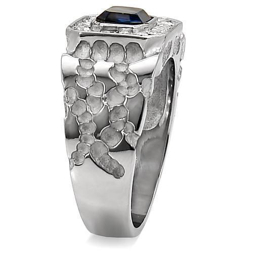 Mens Ring Silver Blue Emerald Cut Stainless Steel Ring with Top Grade Crystal in Montana - Jewelry Store by Erik Rayo