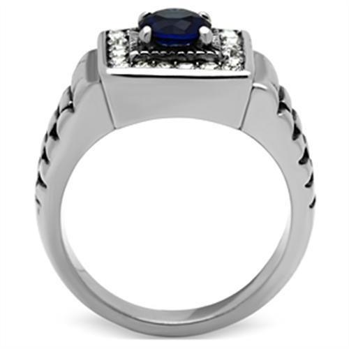 Mens Ring Silver Blue Round Cut Squared Stainless Steel Ring with Sapphire in Montana - Jewelry Store by Erik Rayo