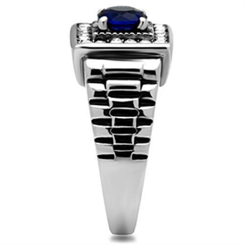 Mens Ring Silver Blue Round Cut Squared Stainless Steel Ring with Sapphire in Montana - Jewelry Store by Erik Rayo
