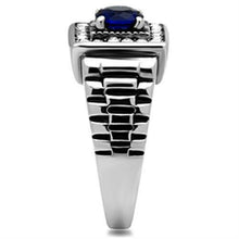 Load image into Gallery viewer, Mens Ring Silver Blue Round Cut Squared Stainless Steel Ring with Sapphire in Montana - Jewelry Store by Erik Rayo
