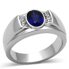 Load image into Gallery viewer, Mens Ring Silver Blue Round Stainless Steel Ring with Synthetic Sapphire in Montana - Jewelry Store by Erik Rayo
