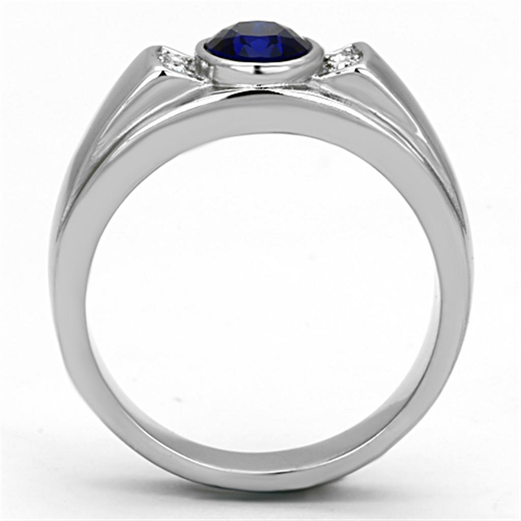 Mens Ring Silver Blue Round Stainless Steel Ring with Synthetic Sapphire in Montana - Jewelry Store by Erik Rayo