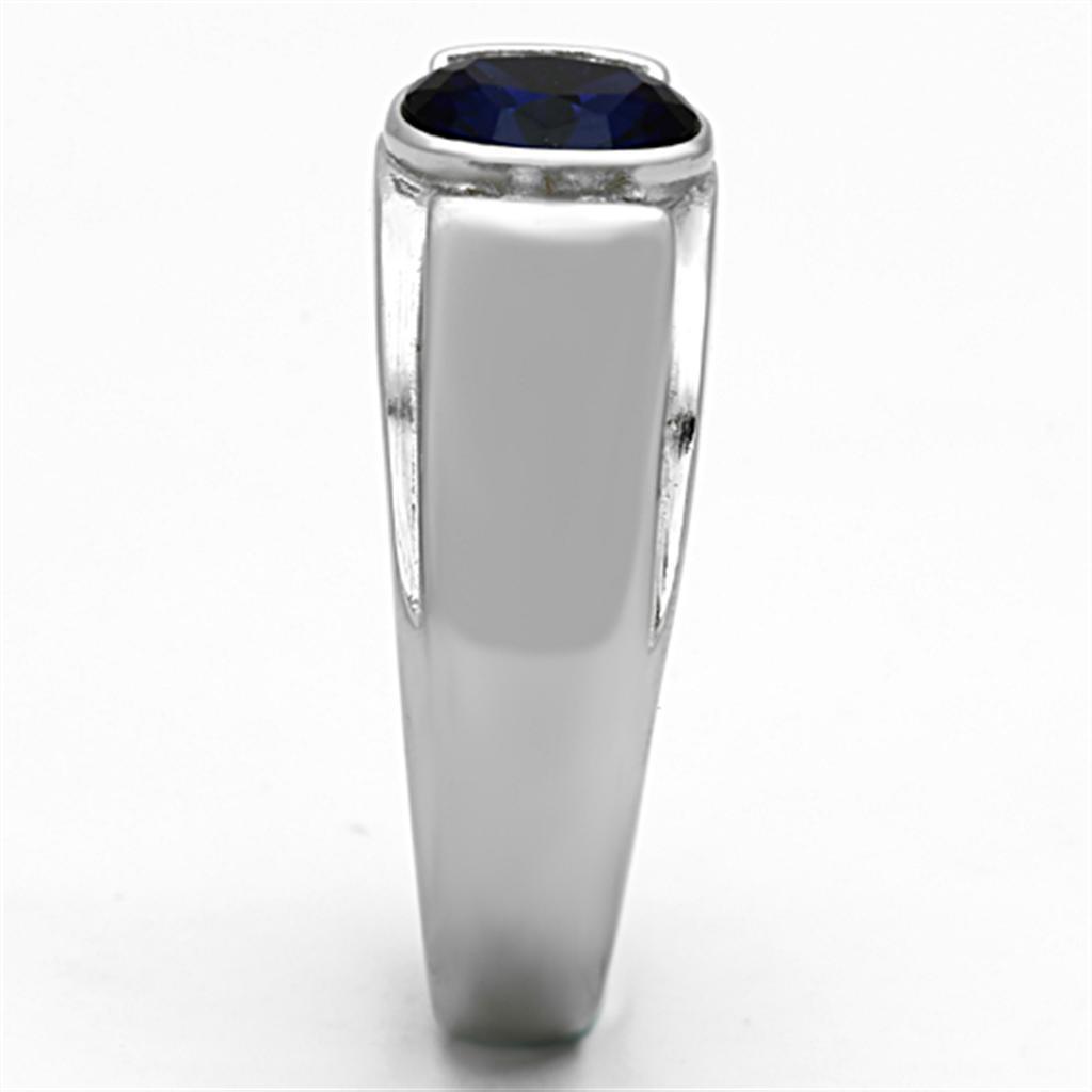 Mens Ring Silver Blue Round Stainless Steel Ring with Synthetic Sapphire in Montana - Jewelry Store by Erik Rayo