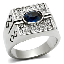 Load image into Gallery viewer, Mens Ring Silver Blue Stainless Steel Ring with Top Grade Synthetic Sapphire in Montana - Jewelry Store by Erik Rayo
