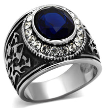 Load image into Gallery viewer, Mens Ring Silver Blue Unique Round Stainless Steel Ring with Synthetic Synthetic Glass in Montana - Jewelry Store by Erik Rayo
